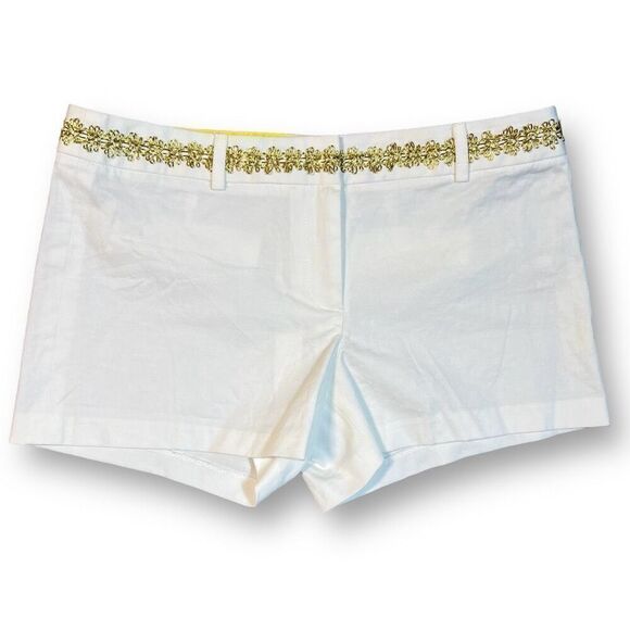 Milly of New York White Linen Blend Shorts Gold Waistband Trim Detail Women’s 4 - Picture 1 of 10